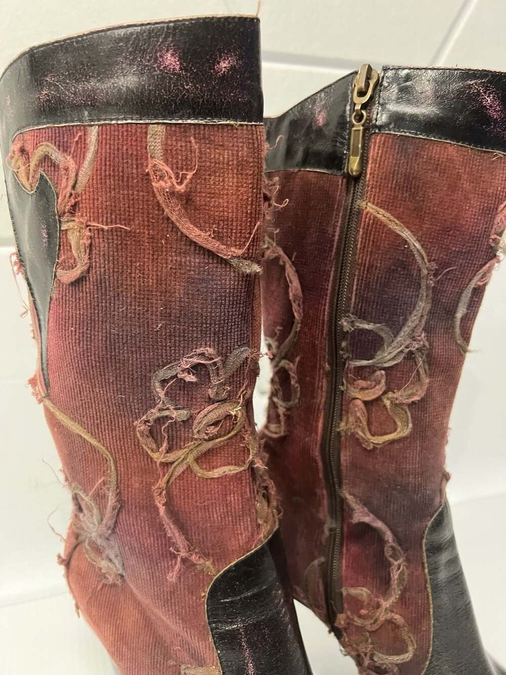 Vintage  Italian Artisan Distressed Corduroy and Leather Pointed Toe Boots - Picture 2 of 7